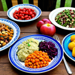 **

A vibrant, colorful plate of plant-based food. Focus on the variety: fresh vegetables, fruits, legumes, nuts, and seeds. Consider a "blue zones" aesthetic, perhaps a rustic table setting with older people enjoying the meal. The overall feeling should be healthy, appetizing, and inviting, emphasizing natural, unprocessed ingredients.

**