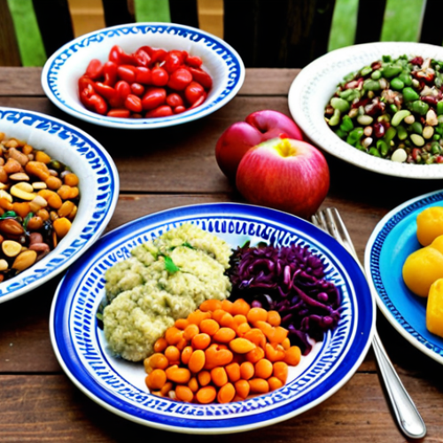 **

A vibrant, colorful plate of plant-based food. Focus on the variety: fresh vegetables, fruits, legumes, nuts, and seeds. Consider a "blue zones" aesthetic, perhaps a rustic table setting with older people enjoying the meal. The overall feeling should be healthy, appetizing, and inviting, emphasizing natural, unprocessed ingredients.

**
