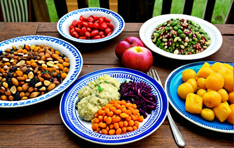 **
A vibrant, colorful plate of plant-based food. Focus on the variety: fresh vegetables, fruits, legumes, nuts, and seeds. Consider a "blue zones" aesthetic, perhaps a rustic table setting with older people enjoying the meal. The overall feeling should be healthy, appetizing, and inviting, emphasizing natural, unprocessed ingredients.
**