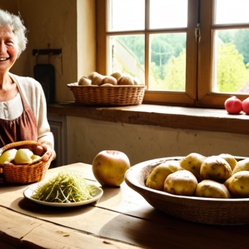 **

A vibrant, rustic kitchen scene. On a wooden table are jars filled with homemade *kiszonki* (fermented vegetables) like sauerkraut and pickles, next to a bowl of freshly baked potatoes with herbs. In the background, a grandmotherly figure smiles warmly, holding a basket of apples from her garden. Sunlight streams through the window, illuminating the scene with a warm, healthy glow. Focus on the natural colors and textures of the ingredients.

**