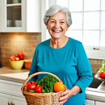 A cheerful, healthy senior woman, approximately 75 years old, with a radiant smile, dressed in comfortable, modest, and appropriate casual wear. She stands in a bright, modern kitchen filled with natural light, holding a basket overflowing with fresh, colorful vegetables and a piece of salmon. The background features a clean counter with some leafy greens and a bowl of fresh fruit. Soft, natural lighting, professional photography style, high detail, safe for work, appropriate content, fully clothed, modest clothing, perfect anatomy, correct proportions, natural pose, well-formed hands, proper finger count, natural body proportions, family-friendly.