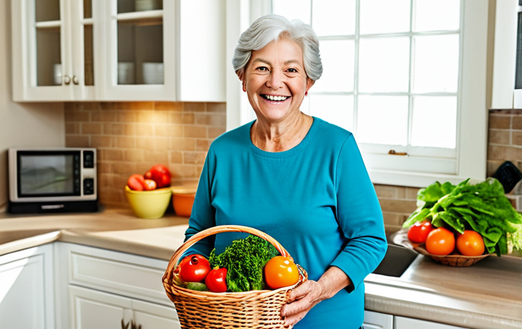 A cheerful, healthy senior woman, approximately 75 years old, with a radiant smile, dressed in comfortable, modest, and appropriate casual wear. She stands in a bright, modern kitchen filled with natural light, holding a basket overflowing with fresh, colorful vegetables and a piece of salmon. The background features a clean counter with some leafy greens and a bowl of fresh fruit. Soft, natural lighting, professional photography style, high detail, safe for work, appropriate content, fully clothed, modest clothing, perfect anatomy, correct proportions, natural pose, well-formed hands, proper finger count, natural body proportions, family-friendly.