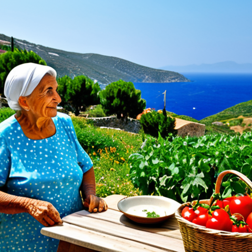 Mediterranean Lifestyle**
"A vibrant scene in a sun-drenched Ikarian village. An elderly woman, fully clothed in a modest floral dress, tends her garden overflowing with vegetables and herbs. In the background, villagers share a meal outdoors at a long wooden table, featuring fresh salads, fruits, and whole grain bread. Rolling hills and the azure Aegean Sea complete the picturesque setting. Safe for work, appropriate content, professional photography, perfect anatomy, natural proportions, family-friendly, fully clothed, modest clothing, high quality."
**