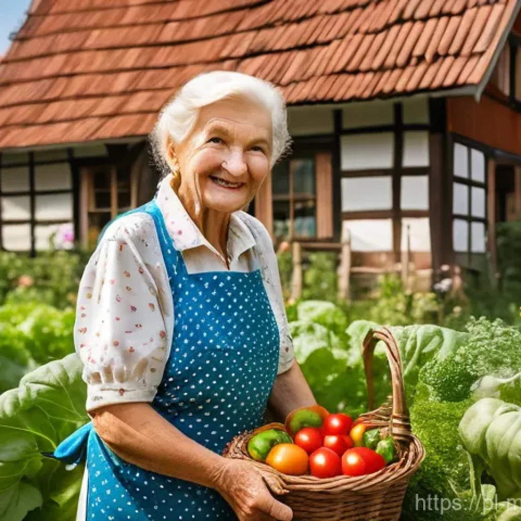 장수 지역의 천연 약재 활용법 - **Prompt:** An elderly Polish woman, with a warm, contented smile and kind eyes, is gently harvestin...
