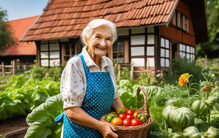 장수 지역의 천연 약재 활용법 - **Prompt:** An elderly Polish woman, with a warm, contented smile and kind eyes, is gently harvestin...