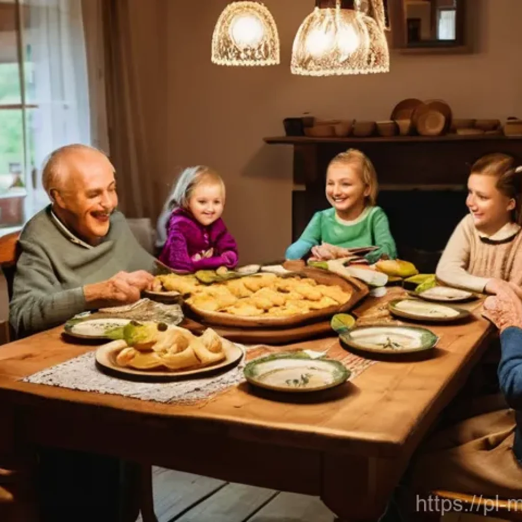 장수 지역의 식사에서 느끼는 지역 정체성 - **Prompt:** A warm, inviting scene of a multi-generational Polish family gathered around a beautiful...