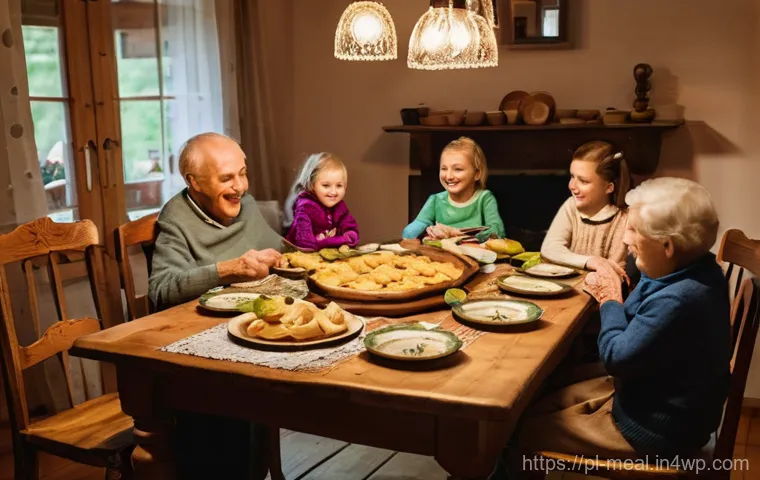 장수 지역의 식사에서 느끼는 지역 정체성 - **Prompt:** A warm, inviting scene of a multi-generational Polish family gathered around a beautiful...