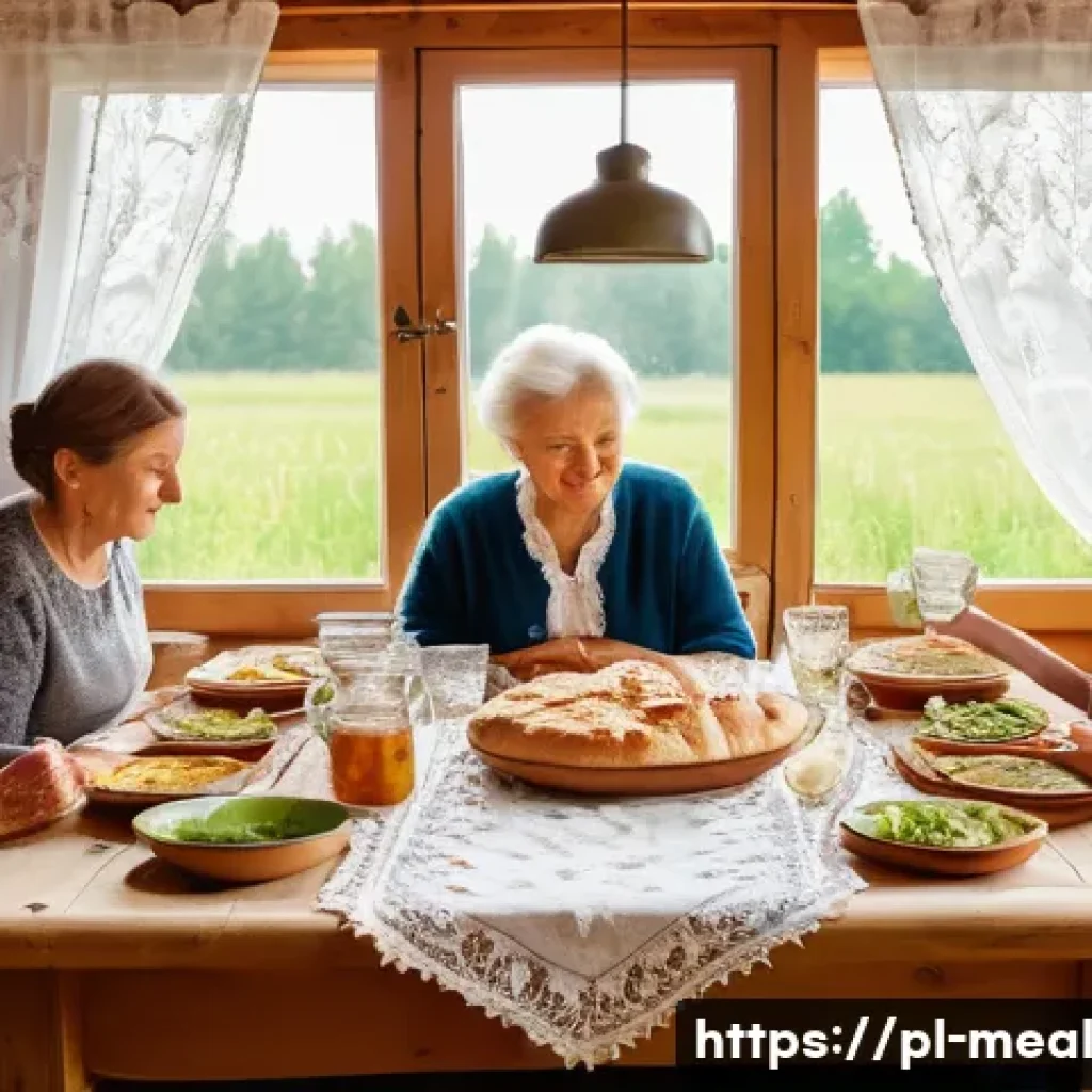장수 지역에서의 커뮤니티 식사 행사 - A warm, rustic family gathering around a large wooden table in a traditional Polish countryside home...