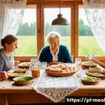 Home 22 장수 지역에서의 커뮤니티 식사 행사 - A warm, rustic family gathering around a large wooden table in a traditional Polish countryside home...