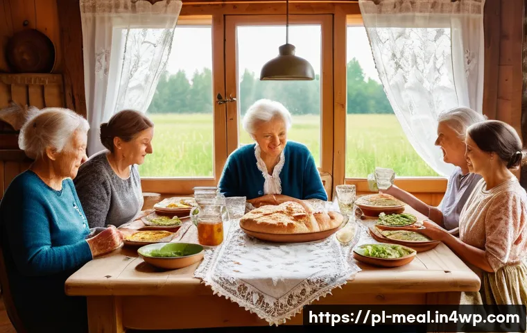 장수 지역에서의 커뮤니티 식사 행사 - A warm, rustic family gathering around a large wooden table in a traditional Polish countryside home...
