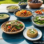 Home 21 장수 지역의 저지방 고단백 식단 예시 - A vibrant Mediterranean-style outdoor family meal scene in Sardinia, featuring a diverse spread of c...