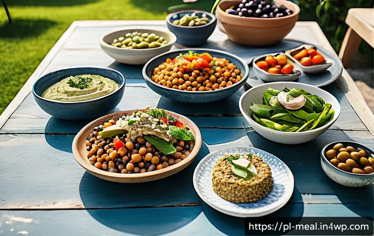 장수 지역의 저지방 고단백 식단 예시 - A vibrant Mediterranean-style outdoor family meal scene in Sardinia, featuring a diverse spread of c...