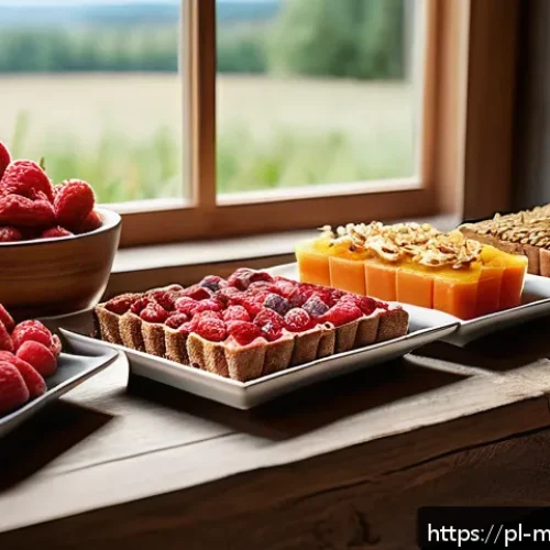 Home 32 장수 지역의 건강한 디저트 아이디어 - A vibrant, rustic kitchen scene showcasing a wooden table filled with freshly baked healthy desserts...