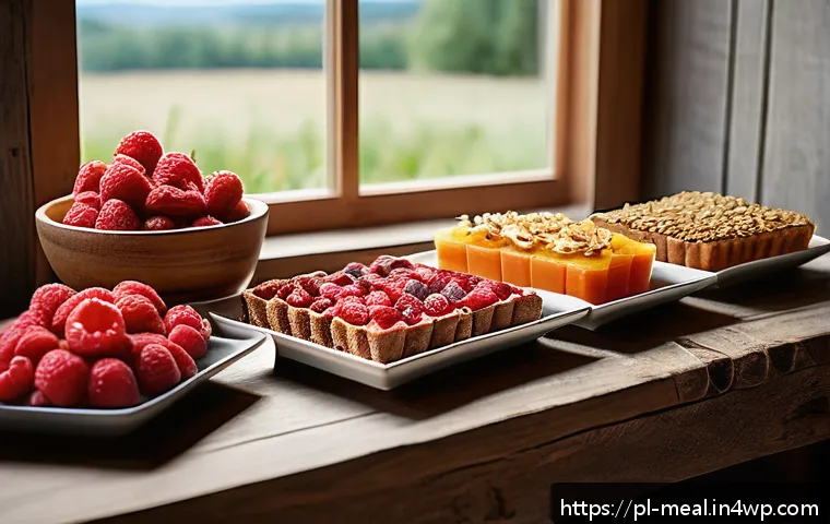 장수 지역의 건강한 디저트 아이디어 - A vibrant, rustic kitchen scene showcasing a wooden table filled with freshly baked healthy desserts...