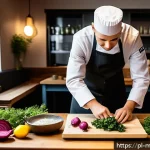 Home 19 장수 지역의 전통 음식과 현대적 접목 - A modern Polish restaurant kitchen scene showcasing a chef preparing a traditional dish with a conte...