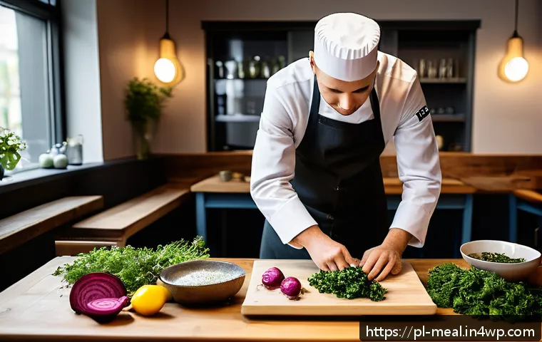 장수 지역의 전통 음식과 현대적 접목 - A modern Polish restaurant kitchen scene showcasing a chef preparing a traditional dish with a conte...