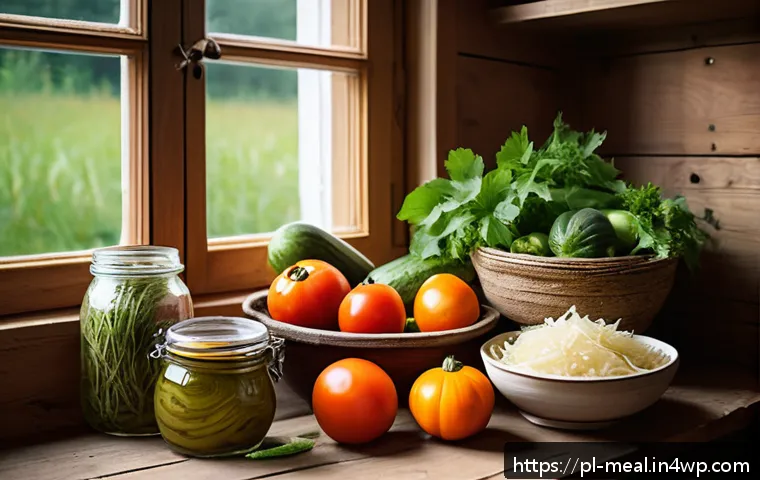 장수 지역의 음식 문화와 지속 가능성 - A vibrant still life composition featuring traditional Polish fermented foods such as sauerkraut and...