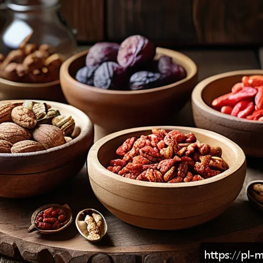 장수 지역의 건강한 간식 트렌드 분석 - A vibrant still life of traditional longevity region superfoods arranged on a rustic wooden table, f...