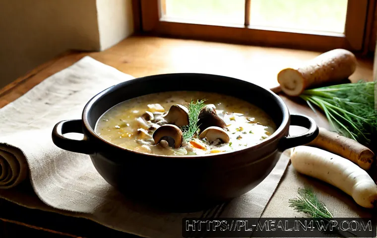 Home 17 장수 지역의 전통 요리 레시피 모음 - Photorealistic overhead kitchen scene featuring a traditional Polish long-life regional meal: steami...